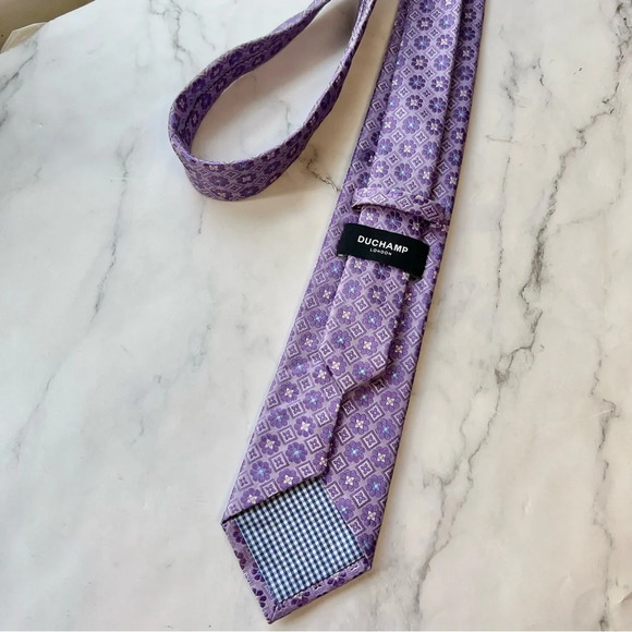 Duchamp Purple Blue Floral Geometric Men’s Silk Tie Hand Made in England - Picture 7 of 8